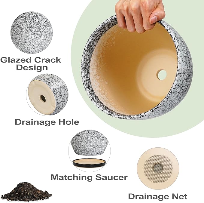 Ceramic Planter - 6.3 Inch Plant Pot for Indoor Ourdoor Plants, Round Succulent Planter, Decorative Flower Pots with Drainage Hole and Saucer, Home Desk Decor, Housewarming Gifts, White-black