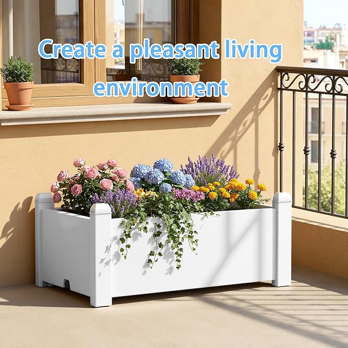 Elevated Resin Planter Box with Precision Drainage Raised Garden Bed for Vegetables, Herbs, and Flowers Ideal for Urban Patios, Balconies, and Yards