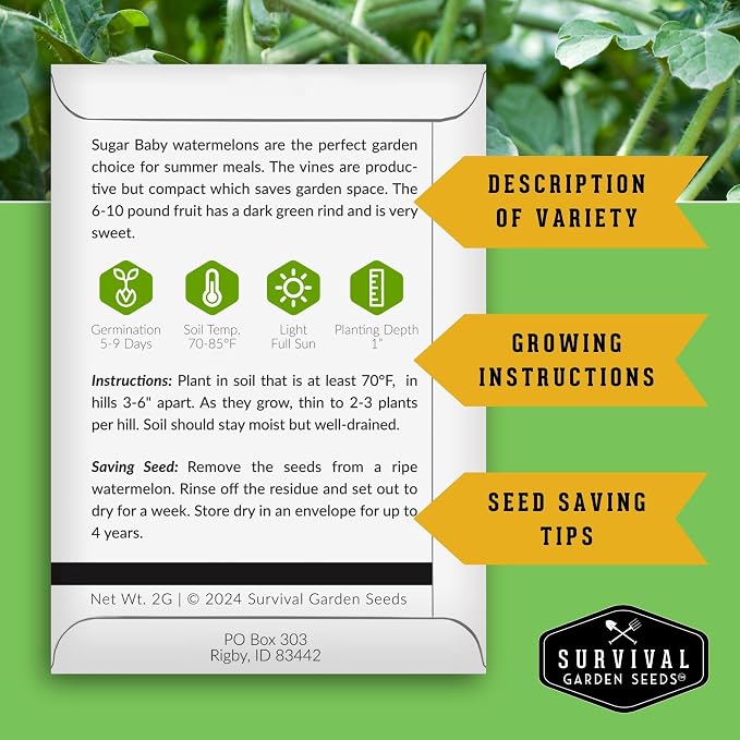 Sugar Baby Watermelon Seeds - Grow Little Round Icebox Watermelons at Home - Non-GMO Heirloom Variety for Planting - Survival Garden Seeds (1 Pack)