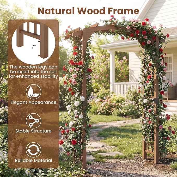 Giantex 7.5FT Wood Garden Arbor Trellis, Wooden Wedding Arch for Ceremony Party, Outdoor Archway Pergola for Climbing Plants, Pathway, Yard, Garden Decor, Easy Assembly (Dark Brown, 63''W x 90''H)