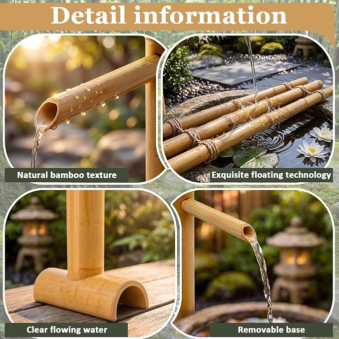 20'' Natural Bamboo Fountain Kit with Adjustable Split-Resistant Spout Quiet Pump and Tubing Japanese Water Feature for Zen Outdoor Patios Landscaping Garden Decor(with Floating Ring)