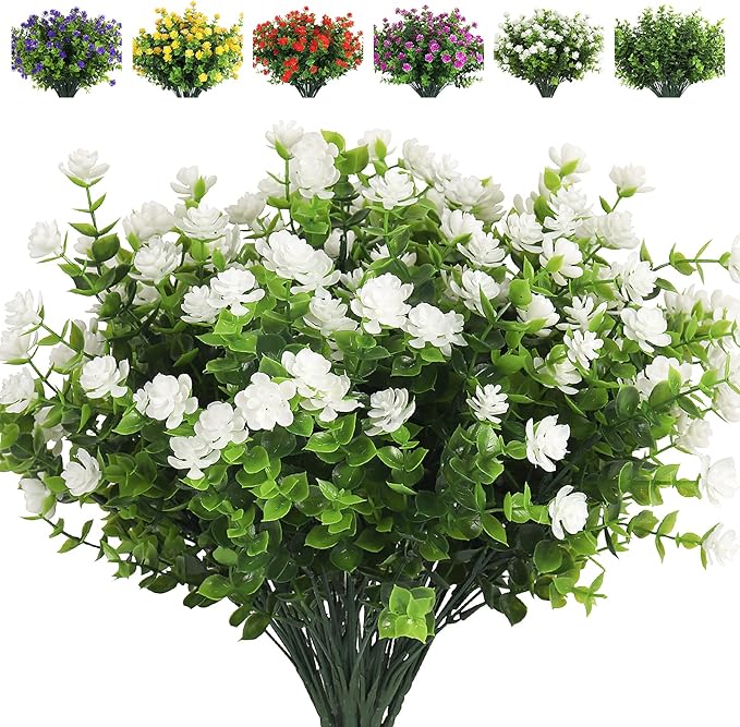 RECUTMS Artificial Flowers, Fake Boxwood Outdoor UV Resistant Plants Artificial Springs Flowers Eucalyptus Greenery Shrubs Bridal Wedding Bouquet for Home Garden Party Wedding Decoration(White)