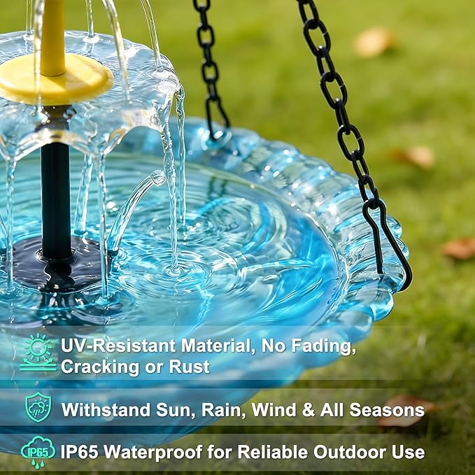 Yeomi Solar Fountain for Bird Bath, Solar Cascade Hanging Bird Bath Fountain, Large Hummingbird Bath with Solar Pump & Clear Blue Bowl, Outdoor Garden Decor