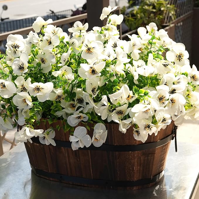 Artificial Flowers for Outdoor, UV Resistant Fake Silk Pansies Flowers, Realistic Faux Plants for Outside Indoor Porch Patio Window Box Planter Home Decor (16, White)