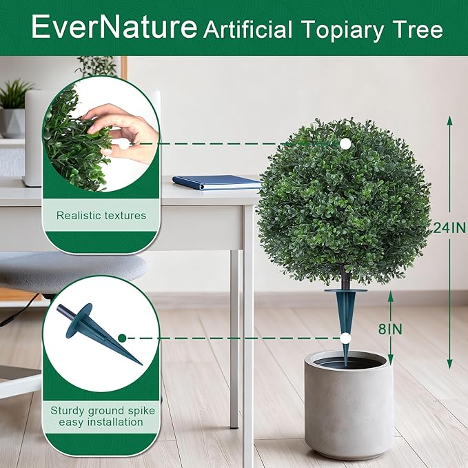 2Pack Artificial Boxwood Topiary Ball Trees,16''UV Resistant Fake Evergreen Shrubs Bushes Plants with Ground Spike, Fake Plants for Outdoor Indoor Front Porch Garden