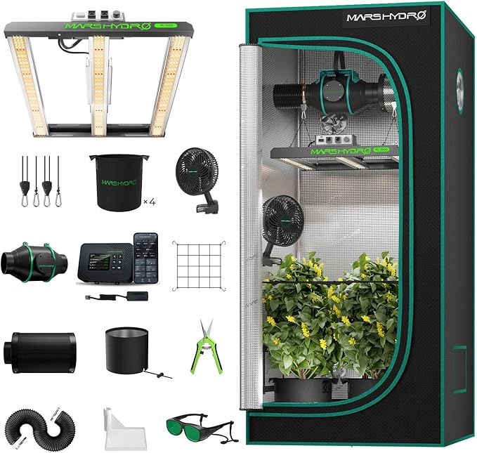 MARS HYDRO 3x3 Smart Grow Tent Kit Complete System with WiFi-Integrated Controller 43,150W FC1500 App Dimming Grow Light,1680D High Reflective Mylar,with 4inch Automatic Ventilation System