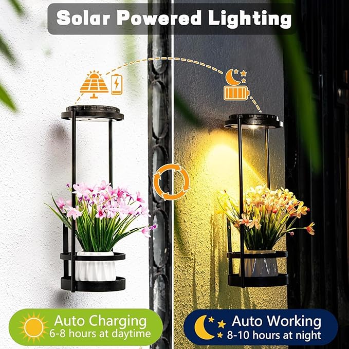 Solar Floor Lamps with Plant Stand, 3 Color Temperatures Solar Outdoor Lights, Metal Hanging Plant Holder Outdoor Wall Sconce for Garden Yard Patio Balcony (Black)