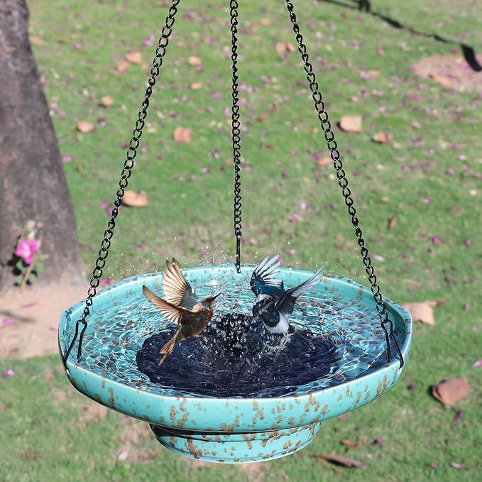 Solar Fountain Ceramic Hanging Bird Bath,Bird Bath for Outside,Outdoor Fountain Bird Bath,Garden and Home Decor