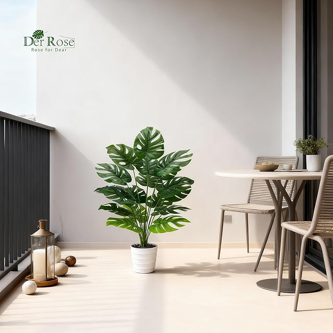 Der Rose 28" Tall Artificial Monstera Plant Faux Plants Indoor in White Pot for Home Office Living Room Floor Porch Balcony Decor