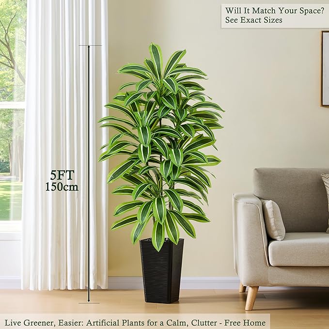 Artificial Dracaena Tree：5FT Faux Silk Tropical Yucca Floor Trees Realistic Fake Green Plant with Natural Wood Trunk & Lifelike Leaves for Home Office Decor Indoor & Outdoor (5FT,1-Pack,Black)