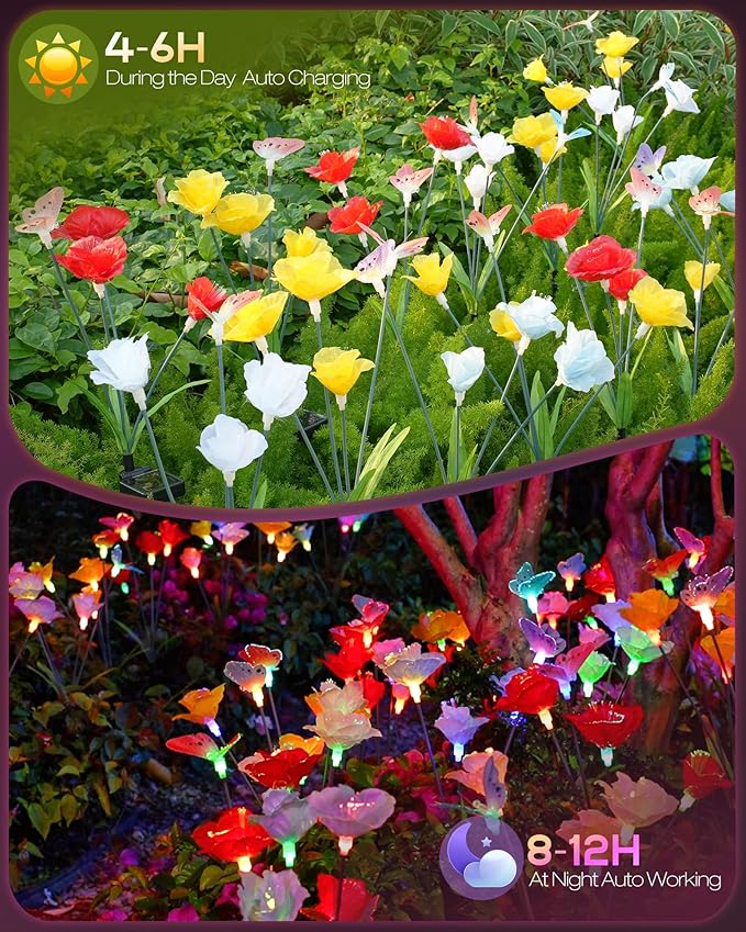 Solar Garden Lights Outdoor Waterproof 4 Pack Swaying Butterfly Light with 7- Color Changing Rose Flowers Solar Lights for Outside Garden Decor Lawn Yard Patio Path,Gifts for Women Mother's Day