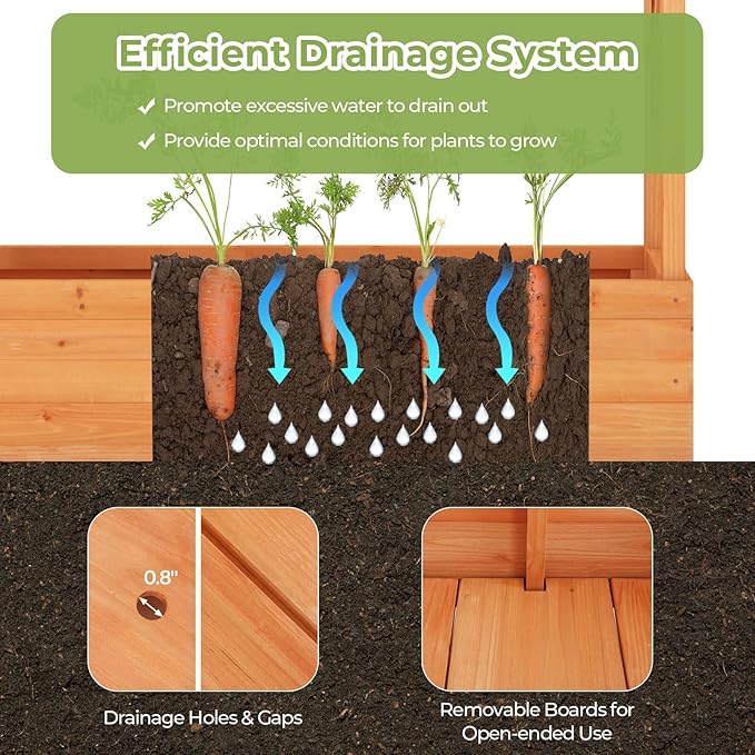 HAPPYGRILL Raised Garden Bed with Trellis, 2 Pack Freestanding Wood Planter Box w/Hanging Roof & 8 Drainage Holes for Vine Climbing Plants Flowers, Outdoor Planter with Trellis for Garden Patio Yard