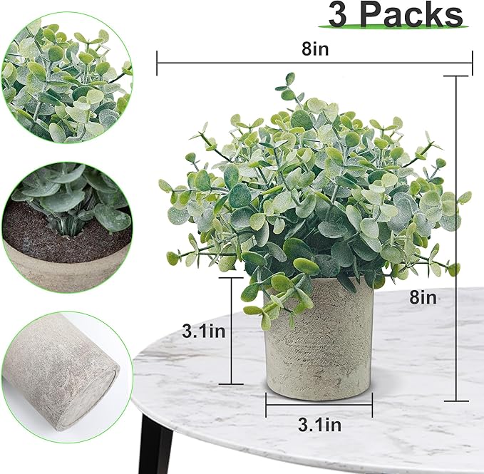 USLAI 3 Pack Fake Plants, 8-Inch Small Potted Eucalyptus Artificial Plants for Home Office Room Shelf Desk Decor