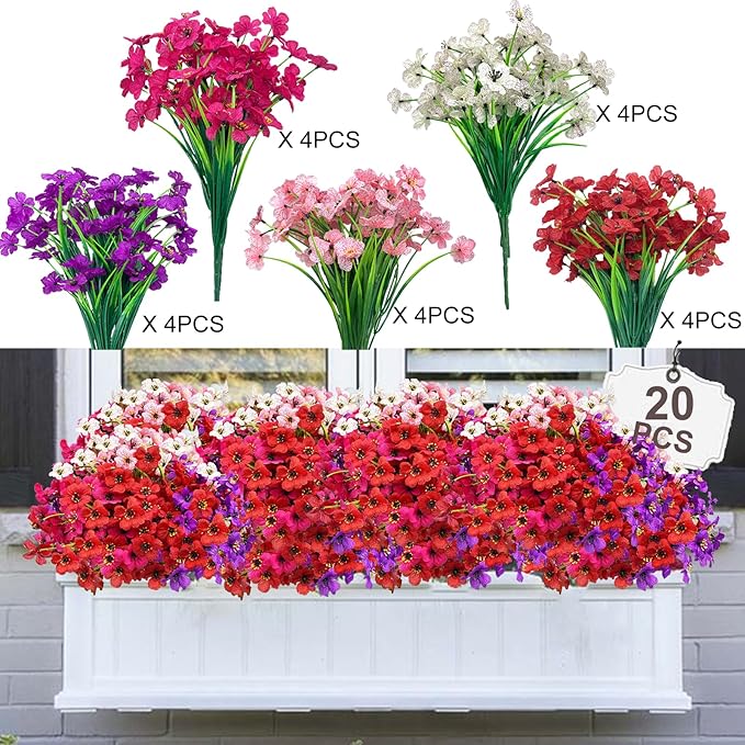 Colorful 20 Bundles Artificial Flowers for Outdoors,MixColors Fake Silk Flowers with Plastic Plants for Outside,Faux mums Realistic Flowers for Window Box Yard Fuchsia Balcoy Dector (Mixed Color)