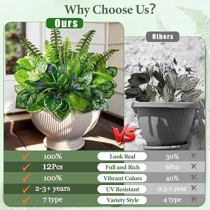 Livole 12 Pcs Artificial Plants Outdoor Faux Plants Fake Greenery Stems with Boston Fern Lavender Morning Glory UV Resistant Artificial Flowers for Outdoors Porch Patio Garden Spring Summer Home Decor