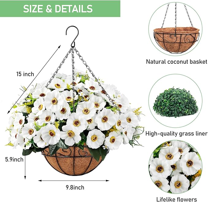 Ouddy Decor Artificial Hanging Flowers with Basket, Fake Silk Hanging Flowers in Coconut Lining Basket Faux Hanging Plants for Outdoor Indoor Spring Garden Porch Patio Balcony Home Decor, White