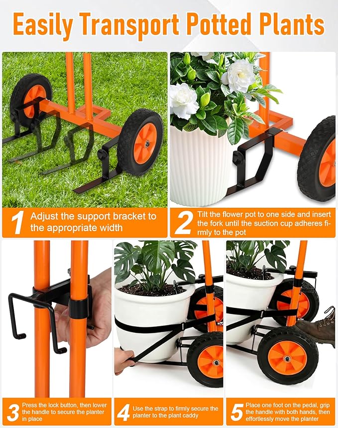 Heavy Duty Plant Caddy with Wheels, Plant Dolly Cart, Adjustable Grabbing Arm & Suction Cups for Easy Plant Movement, Versatile Indoor/Outdoor Plant Dolly Trolley Cart with Strap, Orange