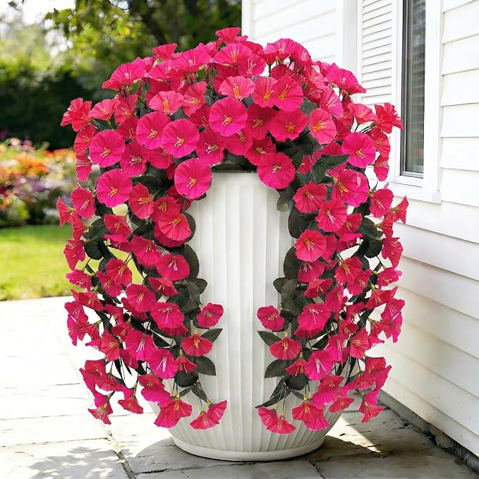 Artificial Flowers for Outdoors Fake Hot Pink Morning Glory Hanging Flower Decoration, 2Pcs Realistic Faux Plants Petunias Long Trailing Vines,Spring Decor for Porch Patio Balcony Planter Yard