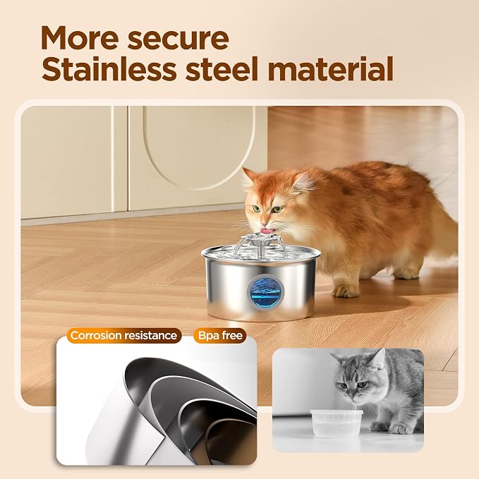 Pet Water Fountain Stainless Steel: Cat Fountain with 8 Filters & 8 Sponges | 88oz/2.6L Automatic Cat Watering Dispenser Bowl with Water Level Window - IHOUONE Quiet Fountains for Cats & Dogs Owners