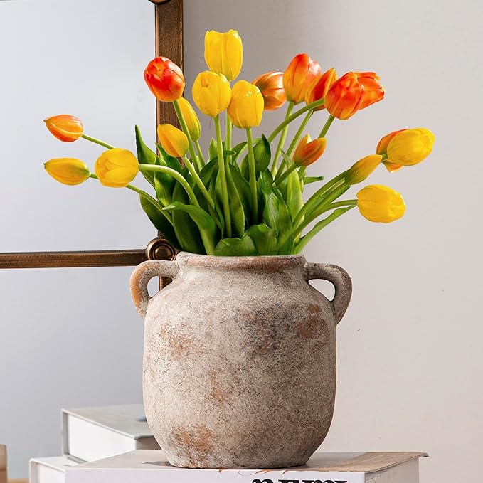 Ceramic Flower Vase Home Decor - 6 Inch Farmhouse Rustic Table Vases with Handle Living Room Decoration Decorative Vintage Pottery for Kitchen Shelf Coffee Dining Bookshelf Fireplace Centerpiece