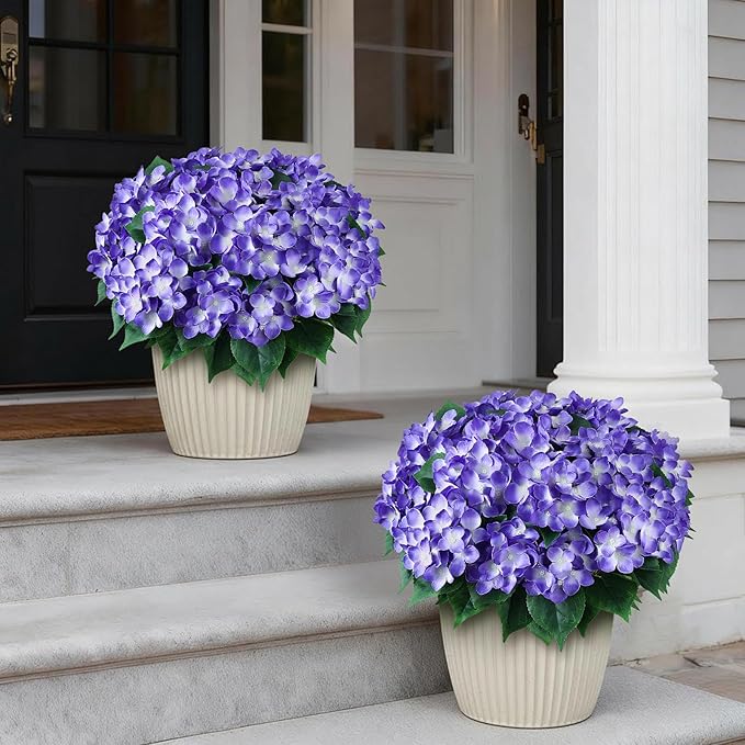 FOTEEWL 8 Bundles Artificial Hydrangea Flowers for Outdoor Decor, Realistic Faux Silk Bouquets Sun-Resistant Fake Plants for Front Door Balcony Farmhouse Garden Home Spring Summer Decor (Purple)
