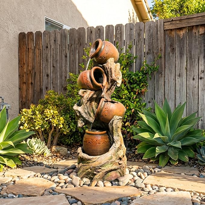 47" H Outdoor Water Fountain with LED Lights, 4-Tier Cascading Water Fountain for Indoor & Outdoor Use, Garden Patio Waterfall Fountain with Rustic Wood-Style Design for Porch, Backyard Décor