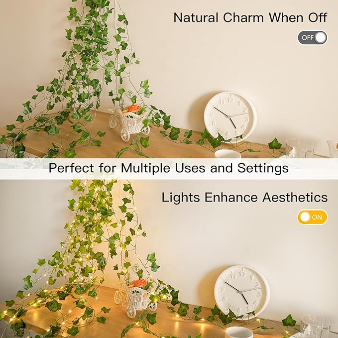 suddus Vine with Fairy Lights Battery Operated, 33ft 100 LED Ivy String Lights with Remote, Leaf Lights for Bedroom, Room, Wall, Garden, Party, Wedding Dorm Decor (Warm White)