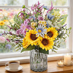 Sunflower Fake Flowers in Vase, Wildflowers Artificial Flowers with Vase for Table Centerpieces Decor, Silk Flower Bouquet Faux Arrangements Kitchen Bathroom Wedding Cemetery Gravesites Decoration