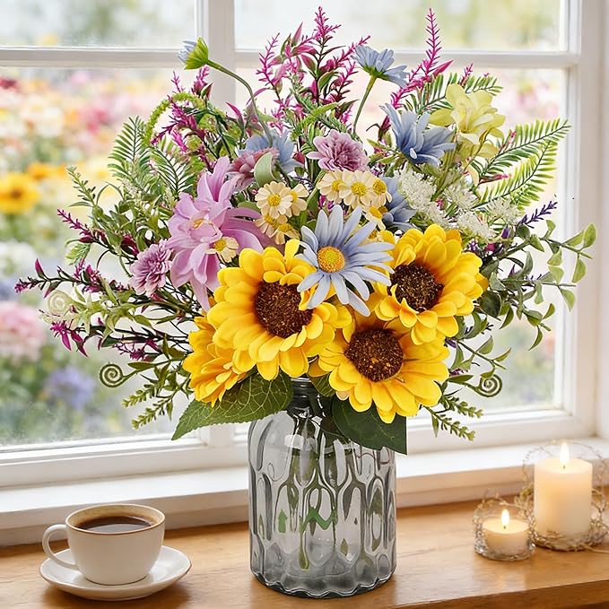 Sunflower Fake Flowers in Vase, Wildflowers Artificial Flowers with Vase for Table Centerpieces Decor, Silk Flower Bouquet Faux Arrangements Kitchen Bathroom Wedding Cemetery Gravesites Decoration