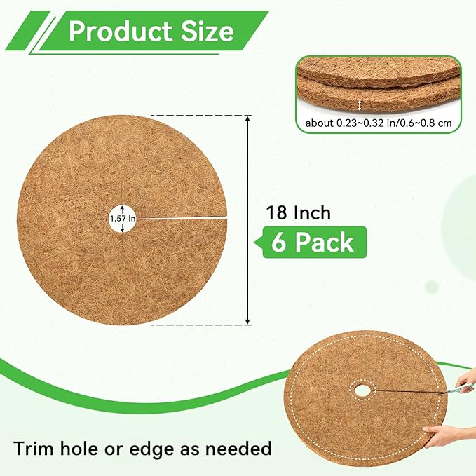 ZeeDix 6 Pack Coconut Fiber Mulch Ring, 18 Inch Coco Coir Tree Ring Mulch Mat, 100% Natural Tree Protector Mat Plant Cover Ring Coconut Coir Discs Tree Mats Mulch Rings for Indoor Outdoor Trees Plants