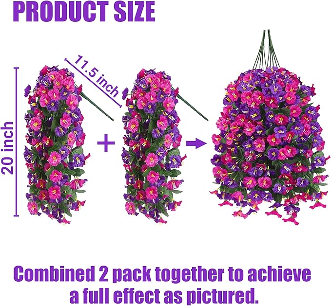 Artificial Fake Hanging Flowers Plants for Outdoor Outside Spring Summer Decoration 2PCS Faux Silk UV Resistant Realistic Morning Glory Trailing Vines for Home Porch Patio Balcony(Purple & Magenta)