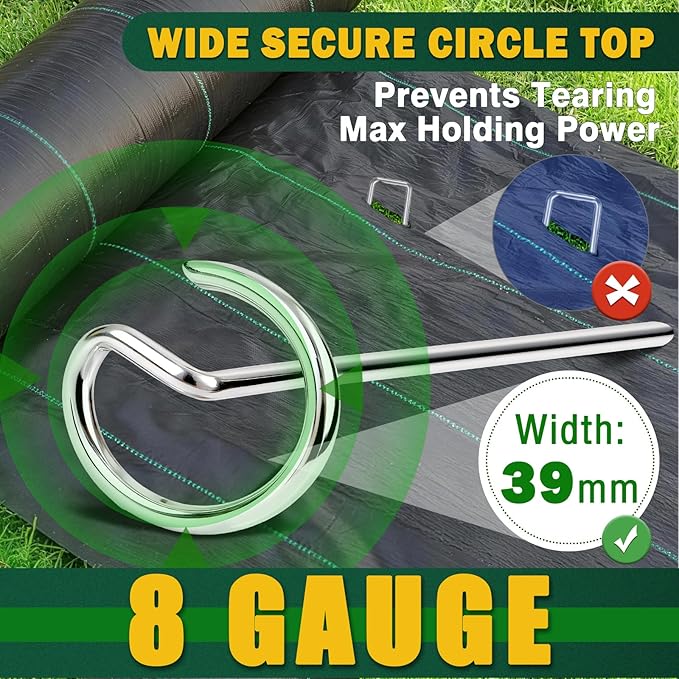 150 PCS Landscape Fabric Staples Pins,Thickened 8 Gauge Circle Top Landscape Fabric Stakes, 6 inch Galvanized Weed Barrier Stakes Pins with Removal Tool, Garden Staples for Weed Barrier Fabric