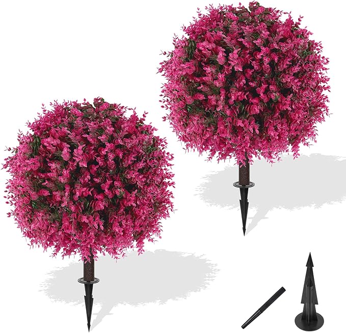 Artificial Pink Eucalyptus Topiary Ball Trees with Ground Spike, Set of 2 UV Resistant Artificial Shrubs, Fake Evergreen Artificial Plant Bushes for Indoor Outdoor Front Porch Garden