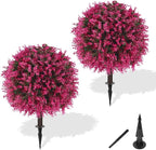 Artificial Pink Eucalyptus Topiary Ball Trees with Ground Spike, Set of 2 UV Resistant Artificial Shrubs, Fake Evergreen Artificial Plant Bushes for Indoor Outdoor Front Porch Garden