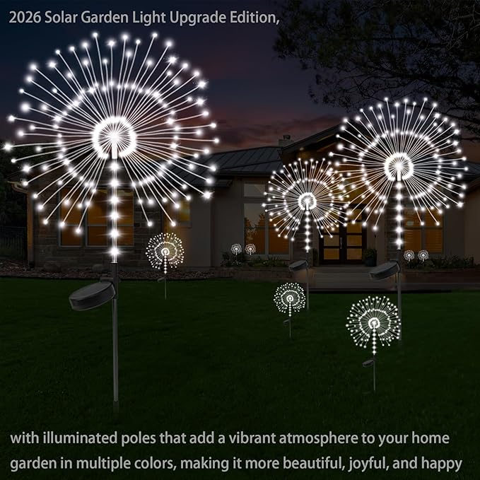 2 Pack 250LED Solar Garden Lights Outdoor, Dual Lighting Modes Firework Lights Solar Powered, Waterproof Twinkle Fairy Light Outside for Yard Patio Pathway Christmas Party Decorative(Cool White)