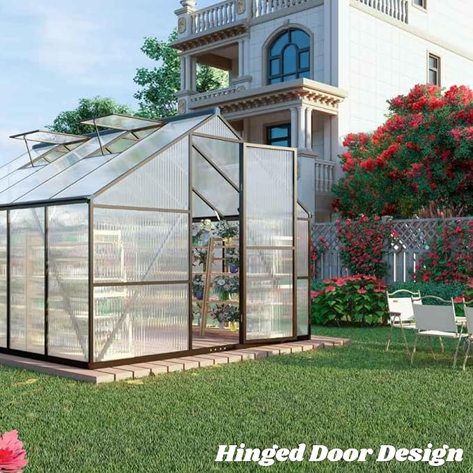 8x12 FT Greenhouse for Outdoors, Polycarbonate Greenhouse with Quick Setup Structure and Roof Vent, Aluminum Large Walk-in Green House for Outside Garden Backyard, Dark Gray
