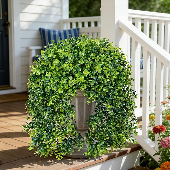 Faux Outdoor Plants Fake Hanging Plants for Outdoors Outside Decorations, 2 Pcs Green Faux Eucalyptus Stems Realistic UV Resistant Artificial Greenery for Planters Porch Garden Yard Front Door Patio