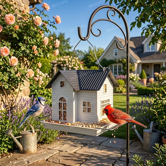 MrCrafts Solar Bird Feeder - Hanging Metal Bird House Feeder with Solar Lights, Outdoor Solar Lantern, Garden Decor for Outside, Unique Gifts for Mom, Grandma, Christmas