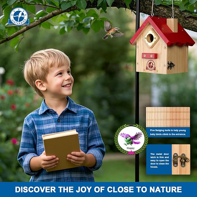 SISTERBIRD Wren Bird House, Premium Wooden Bird Houses for Outside, Classic Cabin Design Birdhouses for Outdoors, Hanging Bird House, Red-Breasted Nuthatch Wren Chickadee