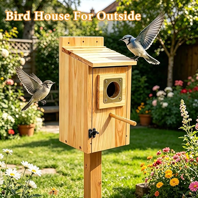 Bird Houses for Outside, Cedar Bluebird Houses with Metal Predator Guard, Birdhouse for Wren Bluebirds Finches Swallows,Ventilated Design & Easy Access Clean, Natural Wood
