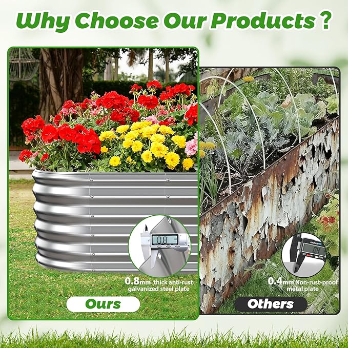 YSEJOMP 17" Tall Outdoor Garden Raised Garden Bed Kits, 4ft X 2ft Oval,0.8MM Thick Metal Raised Planter Bed/Ground Planter Box for Variety of Flowers,Herbs,Vegetables (Silver, 48X24X16.5 Inches)