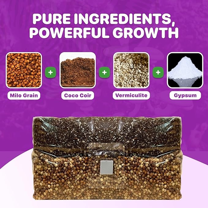 All‑in‑One Mushroom Grow Bag Kit – Sterilized Grain & CVG Substrate with Self‑Healing Injection Port – Beginner‑Friendly Mushroom Growing Kit to Grow Mushrooms at Home, 5 lb Mega Bag (1 Bag)