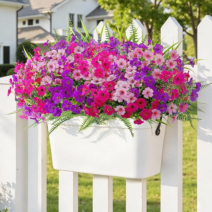 Alupssuc 48 Bundles Artificial Flowers for Outdoors Planters Spring Decoration, UV Resistant Faux Eucalyptus Violet and Lavender Silk Fake Plants for Outside Indoor Yard Home Patio Decor, Mix 3 Colors