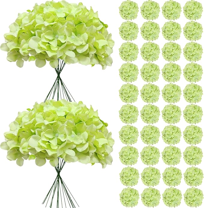 65Pcs Green Hydrangea Artificial Flowers Bulk，Realistic Silk Fake Flowers with Stems，Faux Hydrangea Flowers for Wedding Home Decor Centerpieces Living Room Garden Party Baby Shower Decoration