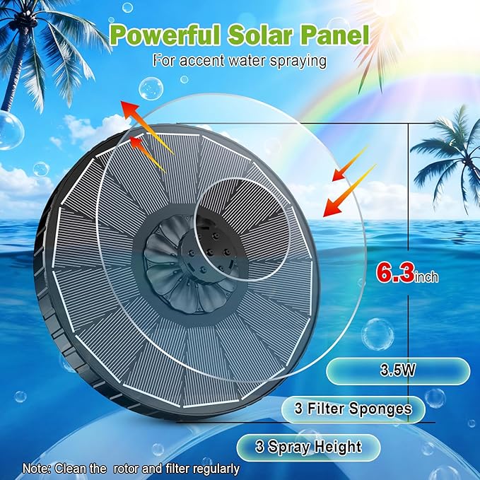 SZMP Solar Fountain with 3 Spray Height, 3.5W Glass Solar Bird Bath Fountain with 4 Adjustable Fixed Rods, and 7 Nozzles, Outdoor Solar Water Fountain Pump for Bird Bath, Garden, Pool, Pond