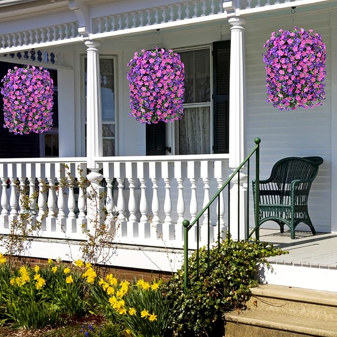 Artificial Flowers Baskets for Outdoor Decoration, Fake Hanging Plants Silk Dark Purple Fuchsia Daisy Mums Trailing Vines in Planter Realistic UV Resistant for Balcony Porch Decor