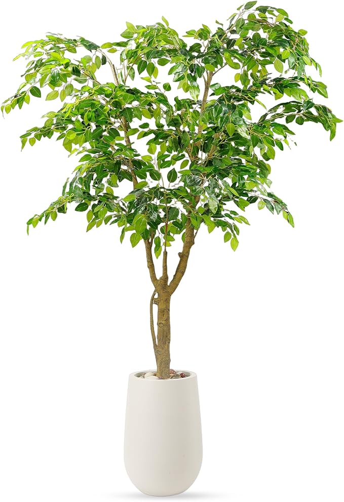 6.5FT Artificial Ficus Tree with White Planter and Pebbles,Faux Silk Tree with Lifelike Leaves and Realistic Trunk,Tall Fake Potted Plant for Home and Office Décor Indoor and Outdoor (6.5FT)