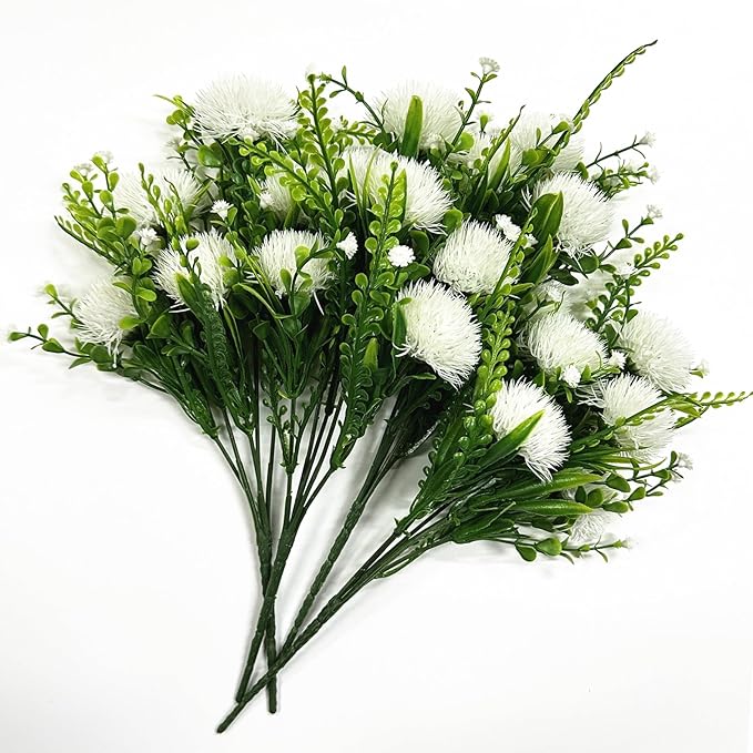 Fake White Dandelion Flowers Simulated Ball Flower Ornaments, Artificial Plant Plastic Faux Greenery Indoor Home Decor Outdoor Garden Wedding Party Christmas Vase Planter Filler DIY Decoration 4 Pack