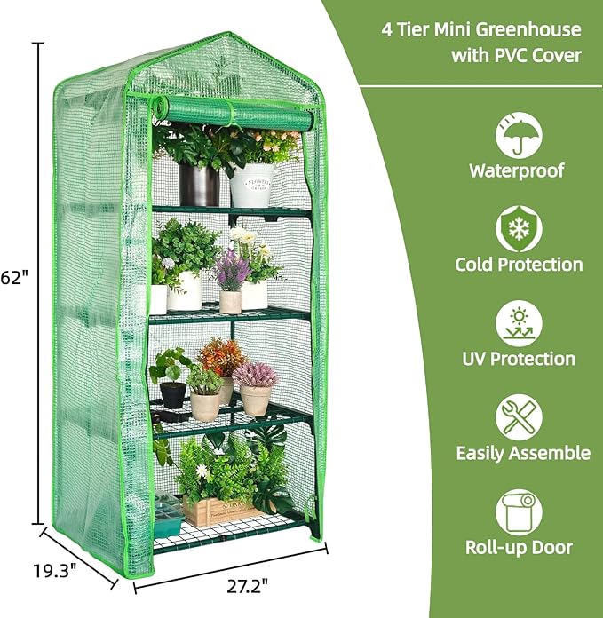 4 Tier Mini Greenhouse - Portable Indoor Outdoor Green House with 24lbs Per Shelf, Durable PE Cover & Tool-Free Assembly for Garden Balcony Patio Backyard
