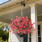 Artificial Flower & Eucalyptus with Hanging Basket - 2PCS Faux UV Sun Resistant Morning Glory in Planter, Fake Colorful Silk Flowers for Spring Summer Porch Patio Balcony Yard Decor (Rose Red)